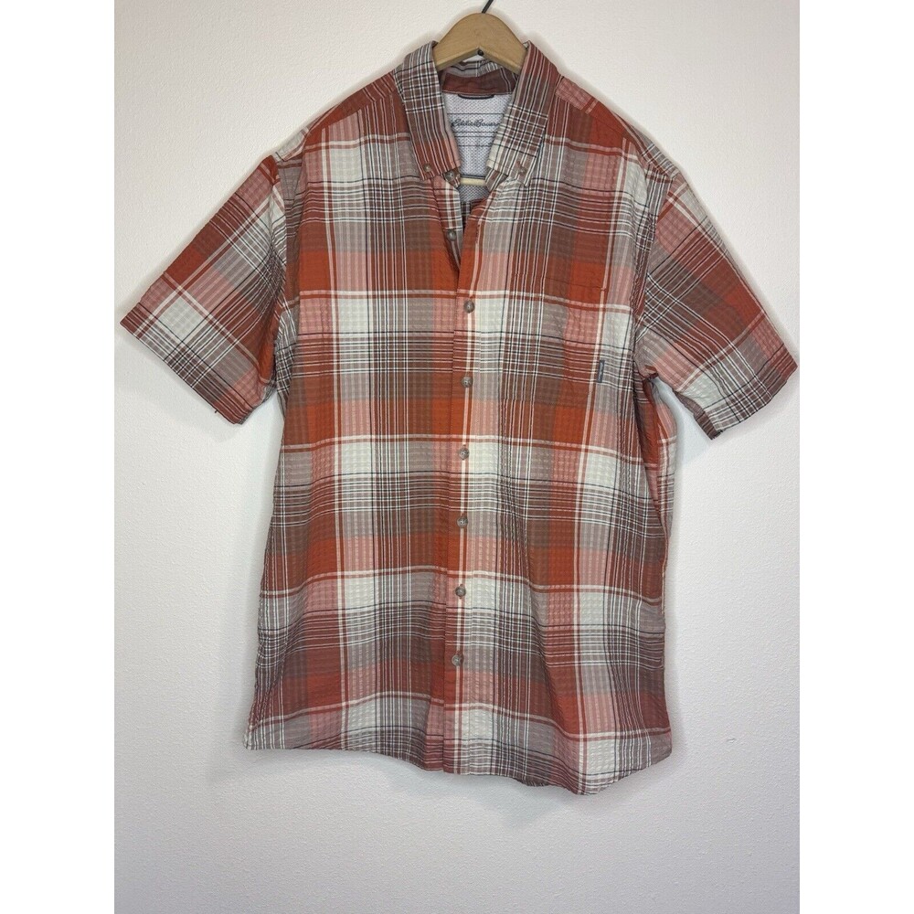 Eddie Bauer Shirt  Button Down Outdoor hiking plaid orange size large tall EUC
